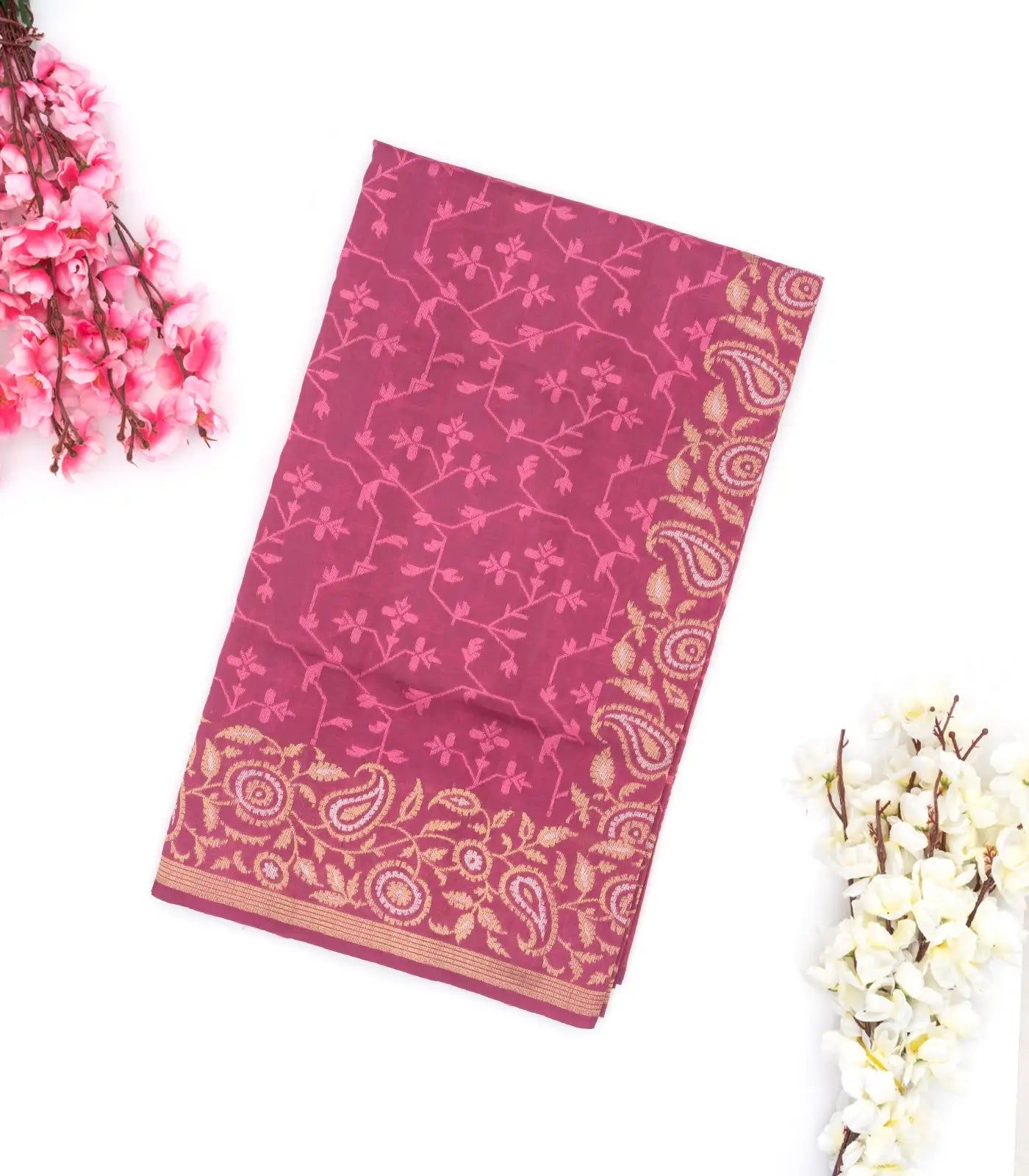 Dusty Pink Handwoven Banarasi Silk Saree With Floral Motifs-Dusty Pink