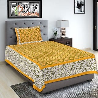 Cotton Yellow Single Bedsheet with One Pillow Cover (90 x 60 Inch)