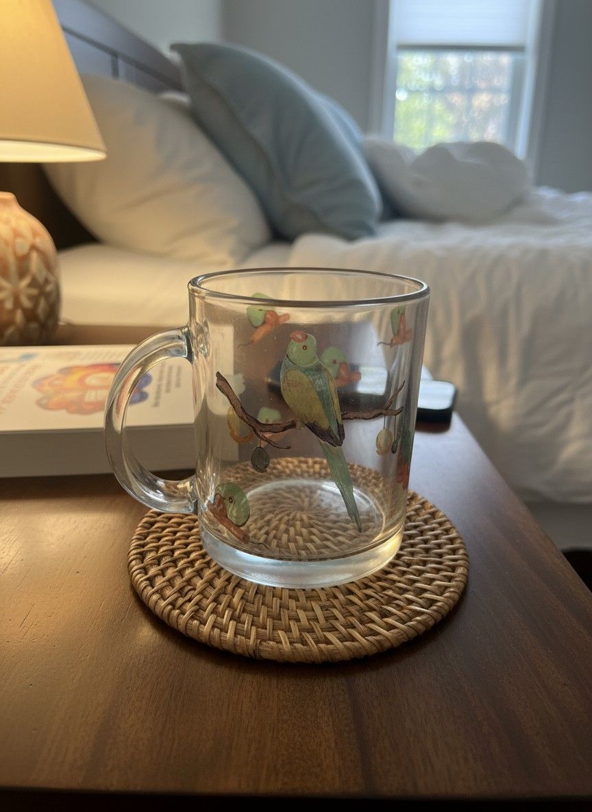 Ivvory Parrot Glass Coffee Mug (Standard Size) | Printed Glassware | Tropical Theme Drinkware