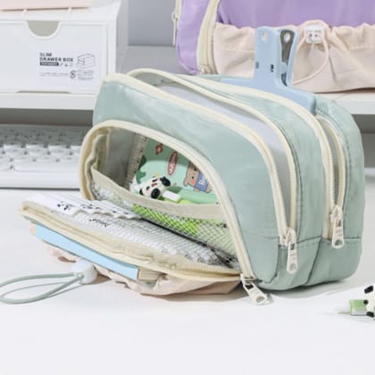 Large Capacity Pencil Pouch with 5 Compartments – Multi-Layer Zipper Pencil Case with Clear Window, Durable Stationery Organizer for School & Office (Green, 23x10x13 cm)