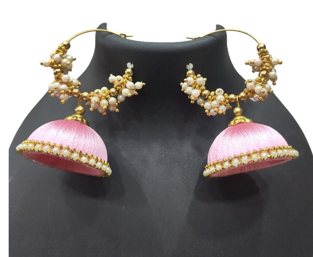"Stunning Pink Silk Thread Jhumka Earrings with Pearl and Gold Beads for Women"