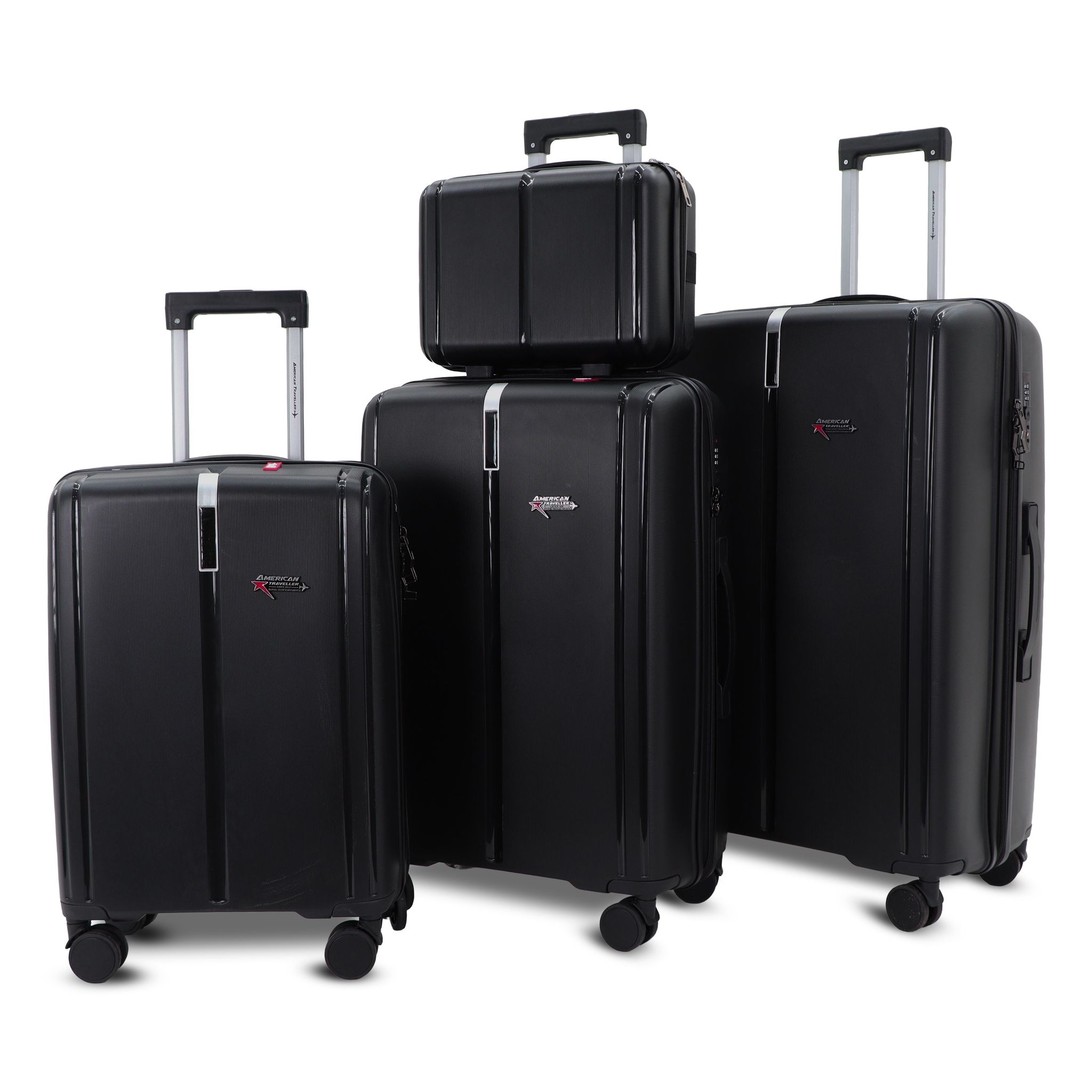 AMERICAN TRAVELLER Tokyo Polypropylene 4-Piece Luggage Trolley Bag Set | TSA-Type Lock, 360 Spinner Wheels, Durable Hard Shell Suitcase for Travel (4, Black, Mini,Small,Medium,Large)