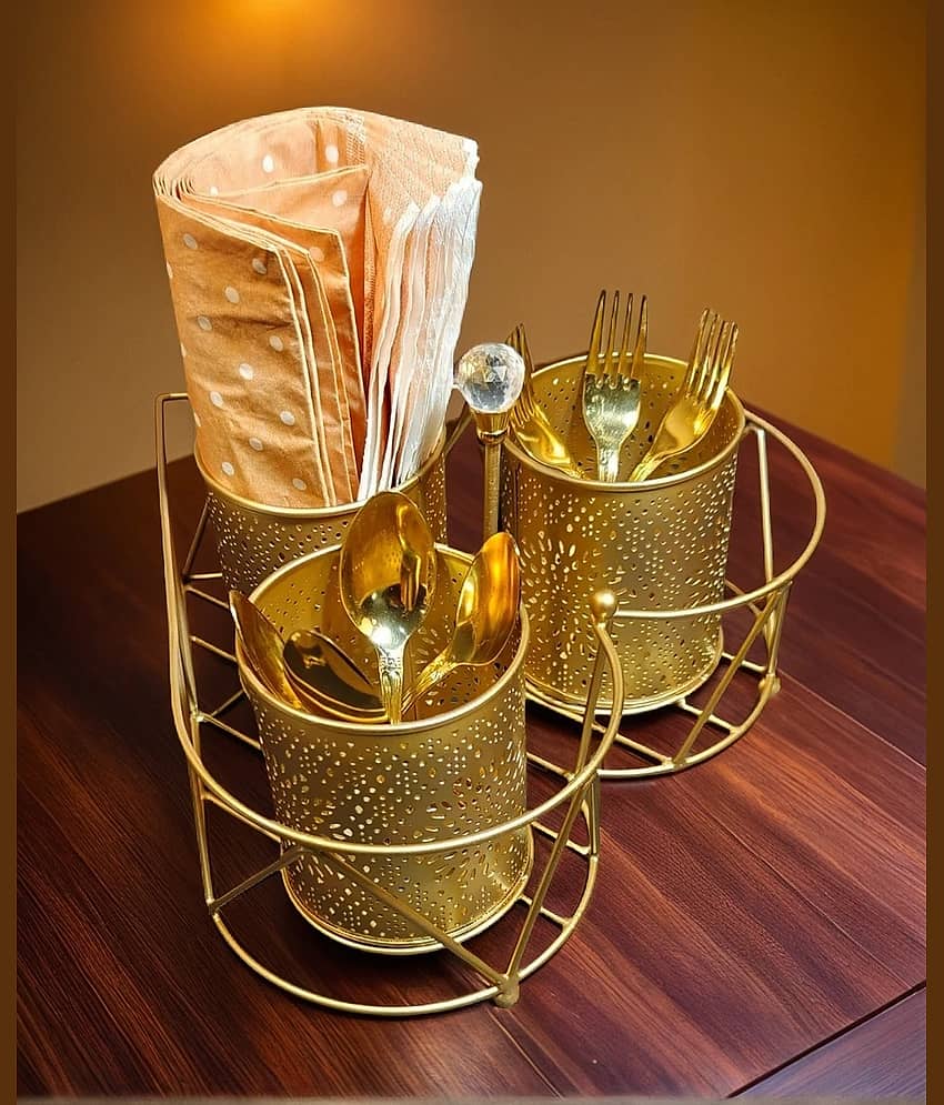 Premium Golden Metal Cutlery & Tissue Holder – 3 Pot Spoon Stand with Elegant Stand | Multipurpose Organizer for Dining Table, Kitchen & Gifting