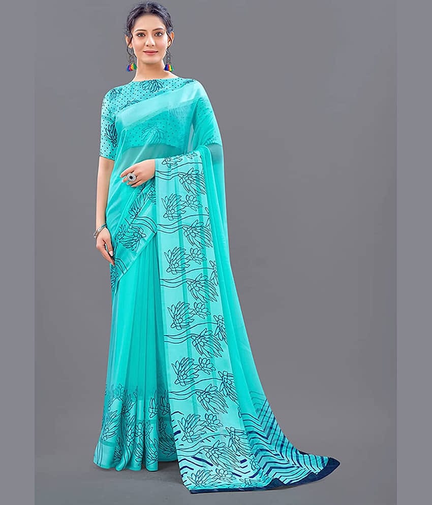 Sanjana Silk Georgette Printed Saree With Unstitched Blouse Piece ( Blue )