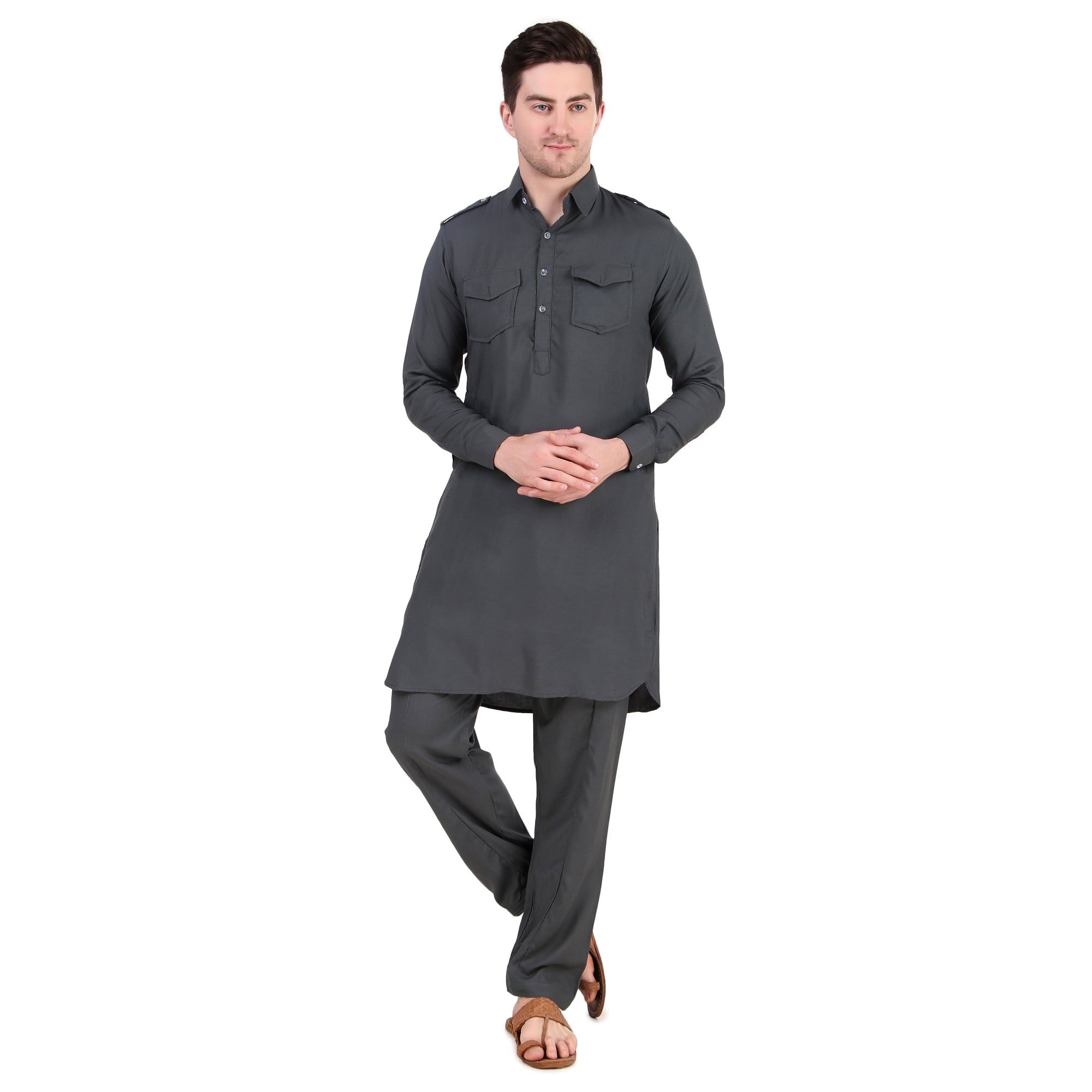 Preen Grey DP Pathani Suit Set / Kurta Pajama Set-M