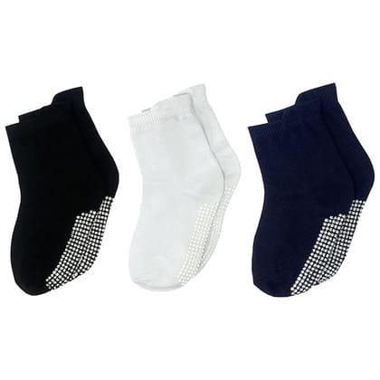 USOXO Kids Toddler Socks I Combed Cotton Stylish Solid Non-Slip Ankle Crawling with Grips I Anti-Skid, Comfortable Sock for Girls Boys Children Black, White & Blue
