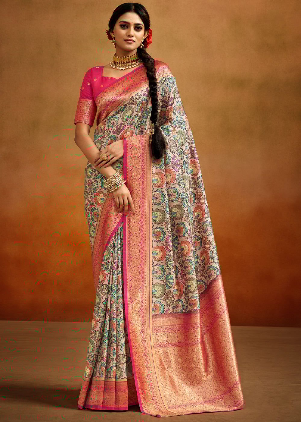 Multicolor Woven Banarasi Silk Saree With Kalamkari Print