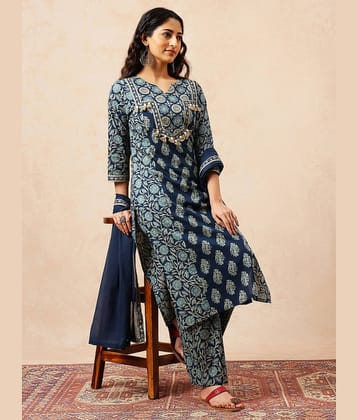 Vbuyz Women Cotton Printed Straight Kurti With Palazzo ( Blue )
