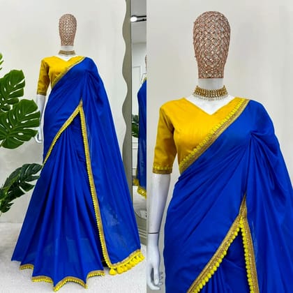 Blue Beauty Mulmul Cotton Saree with Pompoms (Color - Blue) by SHIV TEXTILES