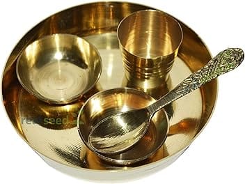 Real Seed Brass Janamastmi Special Laddu Gopal Bhog Heavy Thali Plate - Bhagwan Bhog Plate (Thali Diameter 10.5 CMS) - 5 Pcs Set