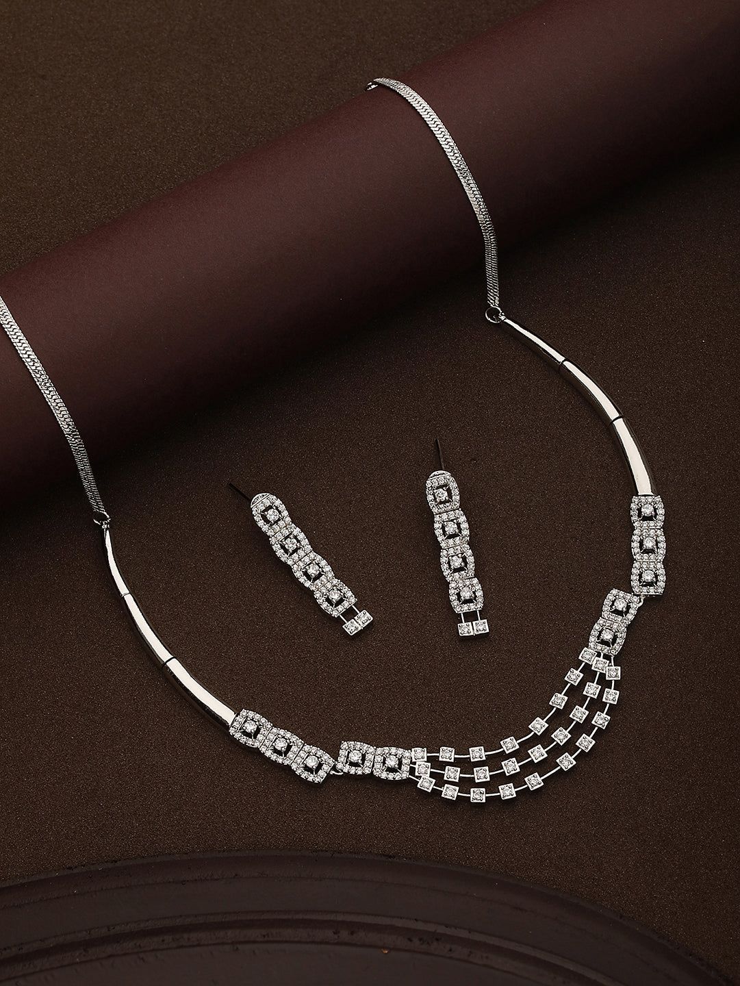 Silver Toned AD Studded layered Necklace jewellery Set