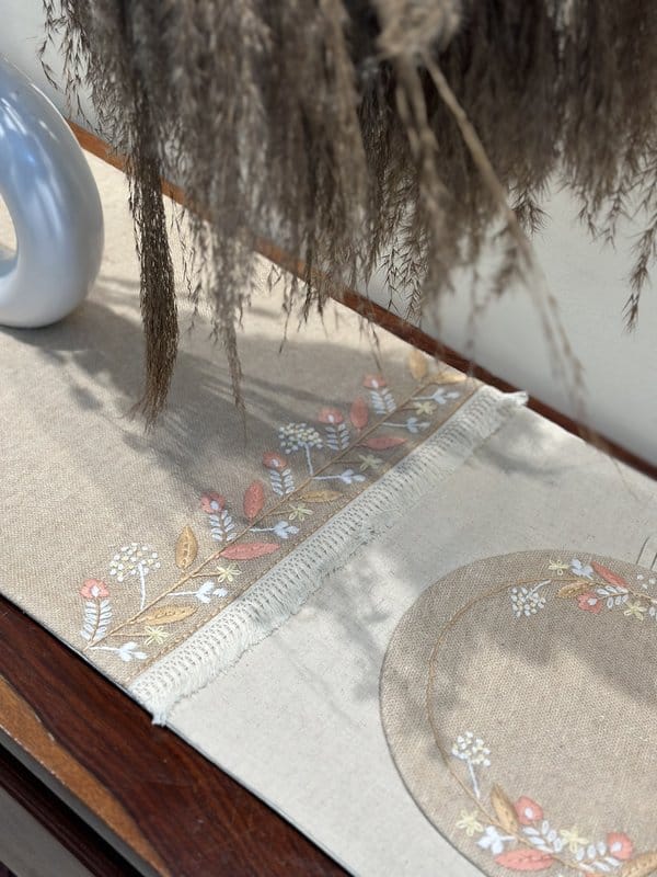 KRI India Raw Bloom Valley of Flowers Table Runner|14x75 inches runner | Beige & Jute beige | Wash & Care | 100% Cotton | Handcrafted in India. 100% organic & natural.