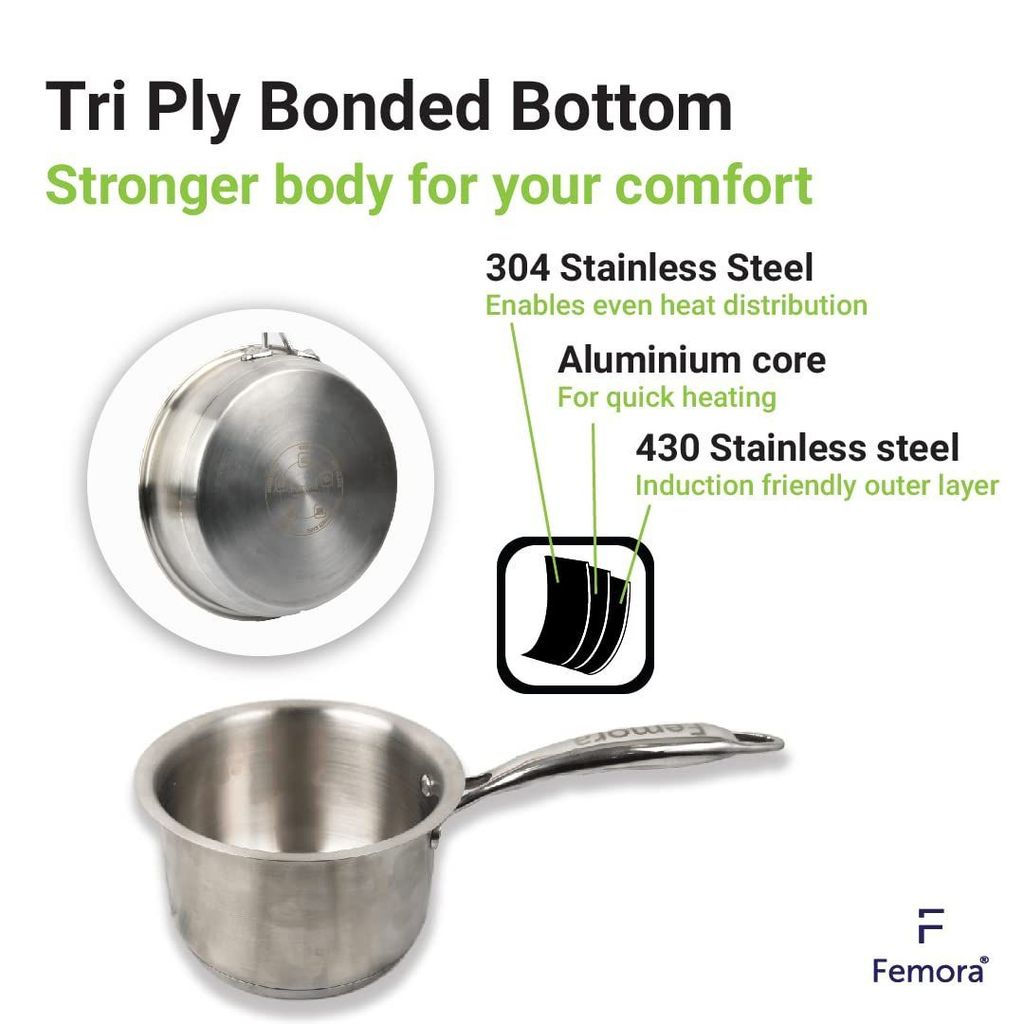 Femora Tri-Ply Sauce Pan, Induction & Gas Friendly Long Lasting, Naturally Non-Stick, 18 CM, 2.2 Liters, Silver