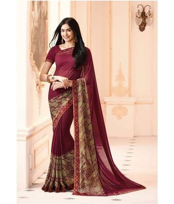 Gazal Fashions Chiffon Printed Saree With Unstitched Blouse Piece ( Maroon )