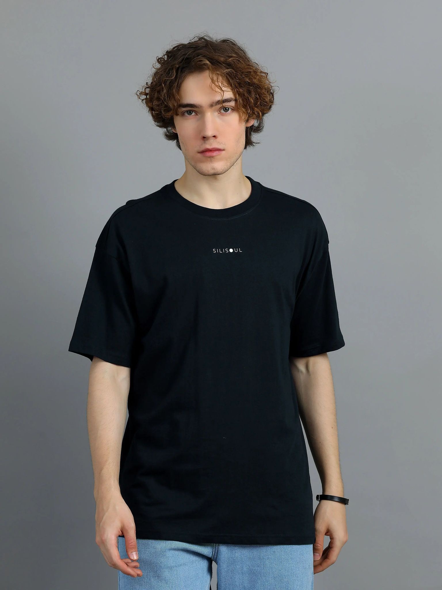 Men Black Brand Logo Solid Oversized T-Shirt-XS