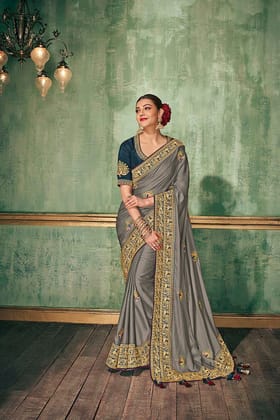 Grey Pure Silk Woven Embroidred Designer Saree