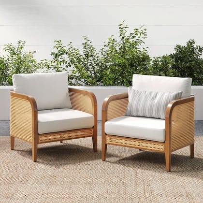 Natural Rattan Outdoor Patio Arm Chairs - Set of 2