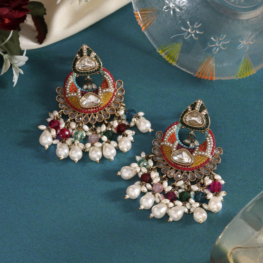 Multi Color Pakistani Kundan Earrings (KDE1017MLT)-Length: 8.00 CM x Width: 3.00 CM / Gold / Alloy With Good Quality Mehndi Gold Plated