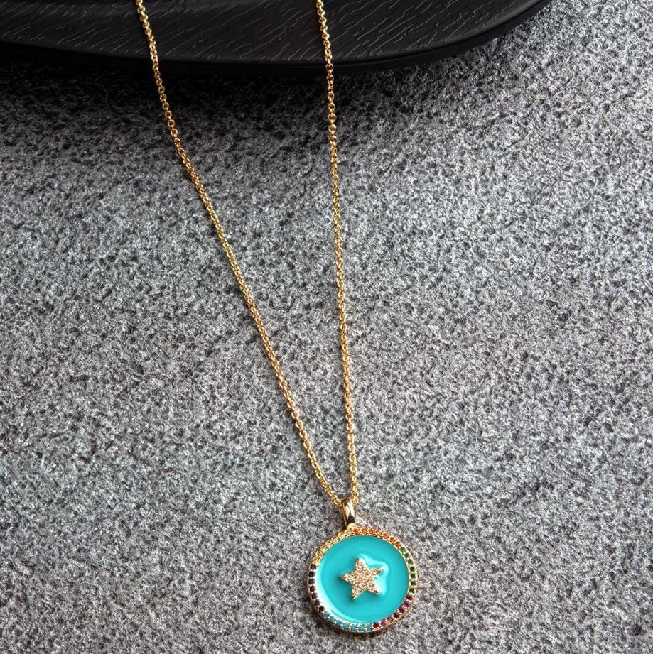 Gold Plated CZ American Diamond Round Shaped Turquoise Ename