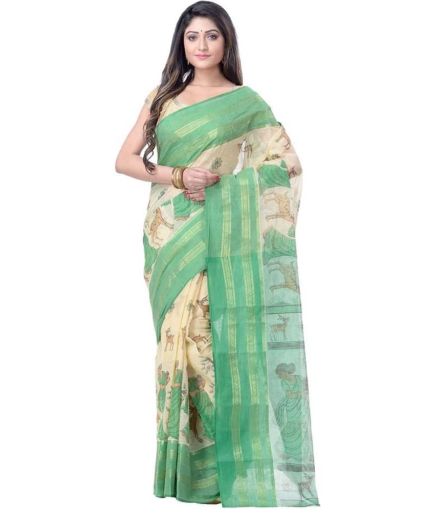 Desh Bidesh Cotton Printed Saree Without Blouse Piece ( Green )