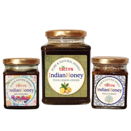 IndianHoney Ayurvedic & StressRelief Tulsi Infused Honey, Wild Forest Honey, & Himalayan Multiflora Triple Combo Pack (500gm + 2x230gm)