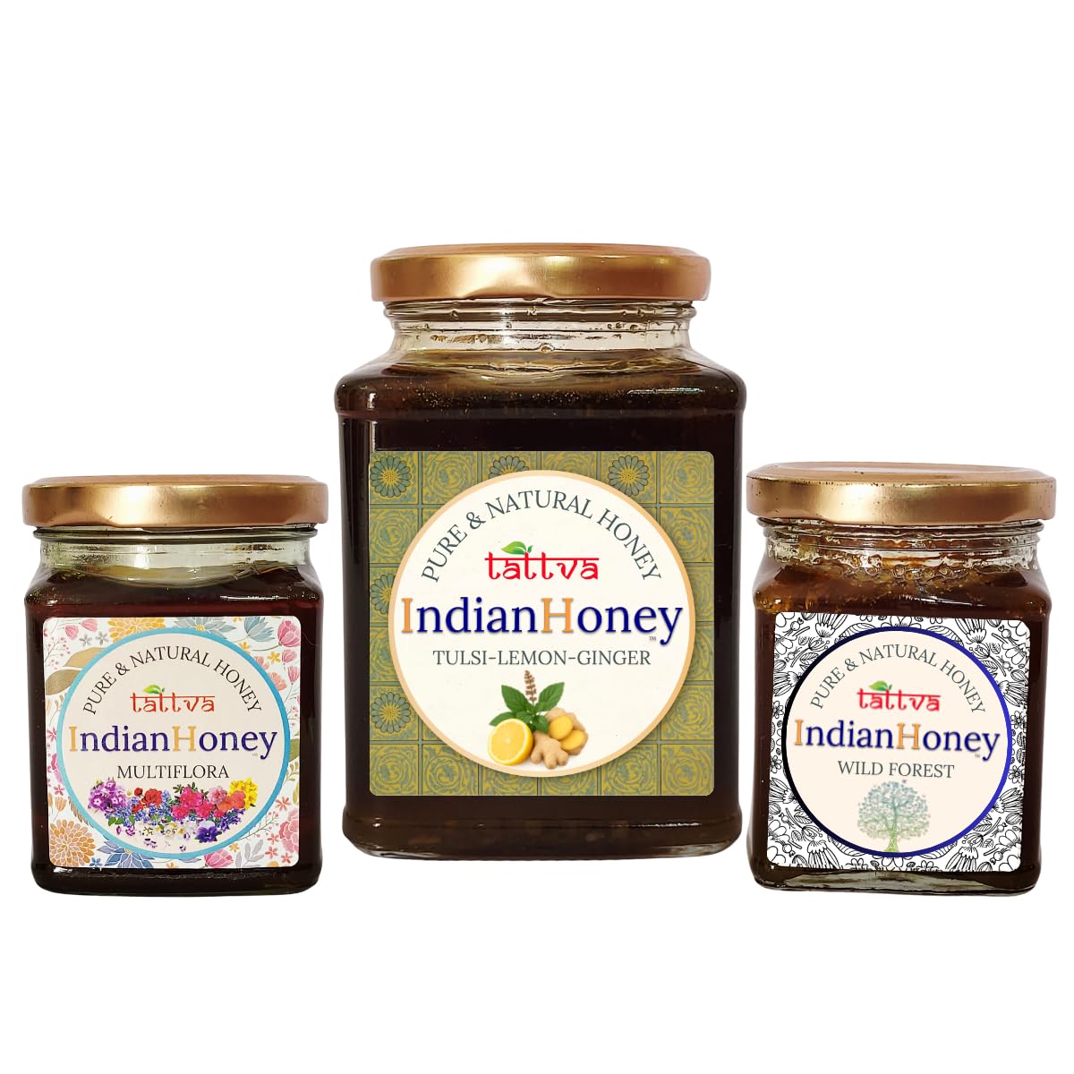 IndianHoney Ayurvedic & StressRelief Tulsi Infused Honey, Wild Forest Honey, & Himalayan Multiflora Triple Combo Pack (500gm + 2x230gm)