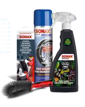 SONAX Wheel & Tyre Care Kit | Beast Wheel Cleaner 500ml | XTREME Gloss Spray 400ml | Rim Cleaning Brush | Black Shiner | Tire Shining | Alloy Cleaning Spray | Foam Washing