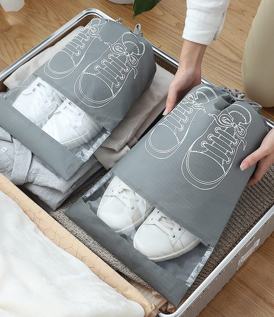 Shoe Bags Pouches Travel Cover for Shoe Storage & Travelling Drawstring Bags Dust Cover, Grey-  ( 10 pcs)