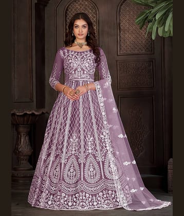 KV Fashion Women's Net Semi Stitched Flared Ethnic Gown With Dupatta