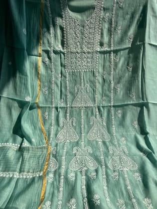 Mul Chanderi Chikankari Unstitched Length with Dupatta -Teal Blue-Teal Blue / Mul Chanderi / Pearl Work