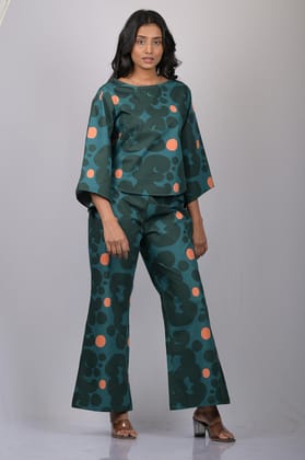 OWO THE LABEL Printed Co-ords Bottle Green Colour Top & Bottom (OTL-CO-RD-1001)-Green / S / Cotton