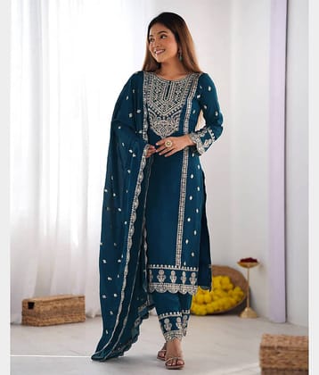 Trijal Fab Women Cotton Blend Embellished Straight Kurti With Pants ( Navy )