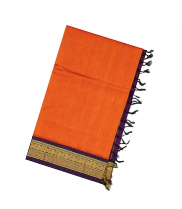 Orange Handloom Korvai Silk Cotton Saree With Purple Border-Orange