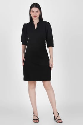 Puff Sleeves Stretch Sheath Dress, Black-XS