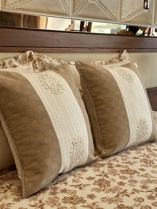 KRI India Bloom Ivory Sepia Embroidered Cushion Cover | Ivory & Dark Beige  | 16x16 inches | Wash & Care | 100% Cotton | Handcrafted in India. 100% organic & natural.