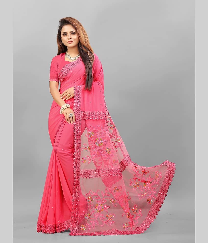 Active Feel Free Life Net Embroidered Saree With Unstitched Blouse Piece ( Pink )
