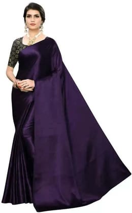 ANSH Womens Satin Solid Saree length (5.5m) & Blouse Piece Size (0.8m) (Purple)