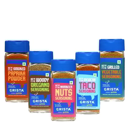 CRISTA International Seasonings Combo Pack (Paprika Powder 45 gm, Taco Seasoning 45 gm, Oregano Seasoning 50 gm, Vegetable Seasoning 50 gm & Nuts Seasoning 50 gm) - Pack of 5