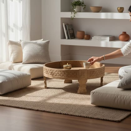Attractive Wooden Round Coffee Table with Storage | Carved Chakki Table for Home Decor