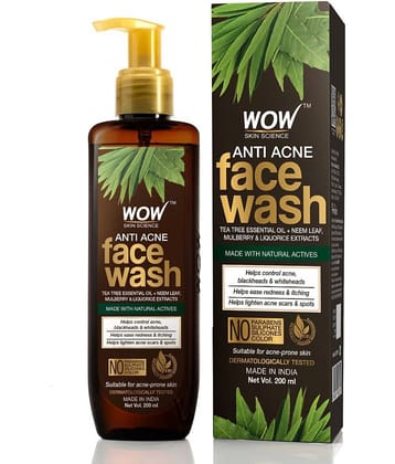 WOW Skin Science Anti Acne Face Wash - For Controlling Acne, Blackheads & Spots - No Parabens, Sulphate, Silicones & Color - 200mL
