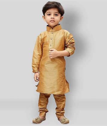 Fourfolds Boys Cotton Blend Solid - Pattern Kurta Pant Set ( Beige , Pack of 1 )