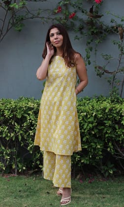 Cotton Boat Neck Yellow and White Coord Set-M