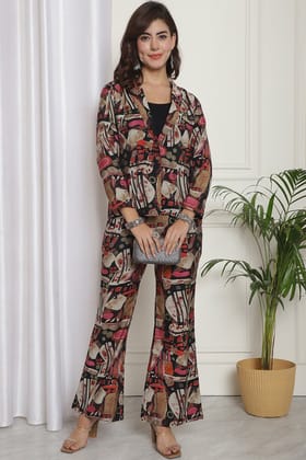 Black Abstract Printed Premium Chanderi Top with Palazzo & Jacket Co-ord Set-S
