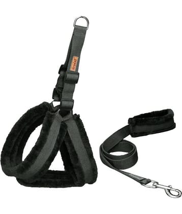Petshop7 Premium Qualtiy Fur Padded Nylon Dog Harness & Leash 0.75 inch -Small (Chest Size - 23-28inch)-Black