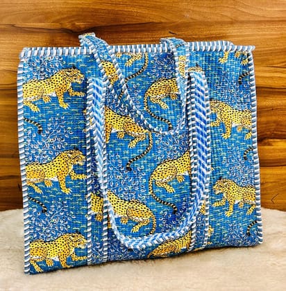 Handblock Printed Quilted Tote Bag with concealed zip ( 17x18x 6 inches)