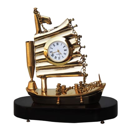Brass & Wood Ship Clock Small Showpiece | Nautical Vintage Table Décor, Height : 5.5 Inch (ZMAS111 A)
