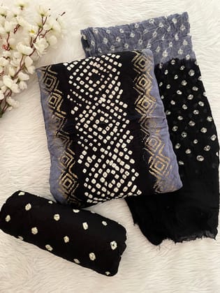 Cotton Satin Hand Block Print work Bandhani Dress Material (Unstitched)-Black-Grey