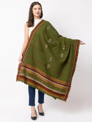 Olive Green Woolen Embroidered Shawl For Women