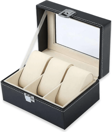 sakimo Premium 3-Slot Watch Box for Men & Women | PU Leather Watch Storage Case with Glass Display, Velvet Interior & Metal Lock