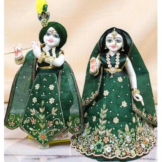 Exquisite Radha Krishna Dress Set in Bottle Green Colour | Handcrafted deity clothing